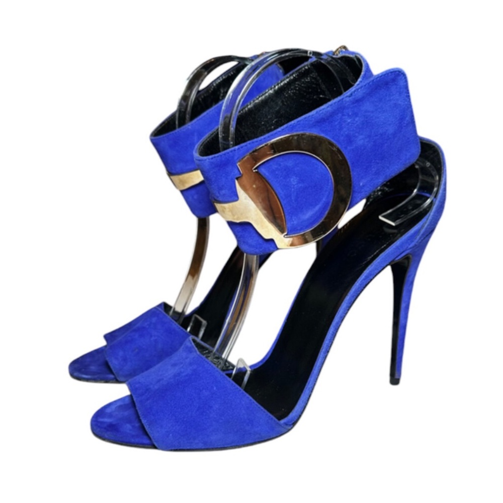 Gucci Purple Suede Ankle Accent Heel Sandals